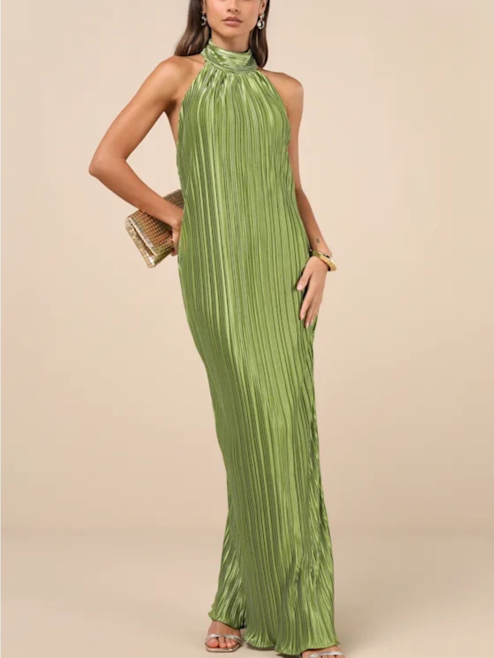 Gwenny Lime Green Satin Plisse Maxi Dress